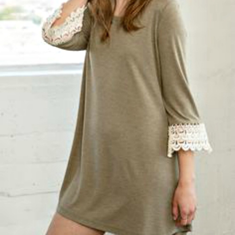 Olive Knit Tunic Top with Crochet Accents